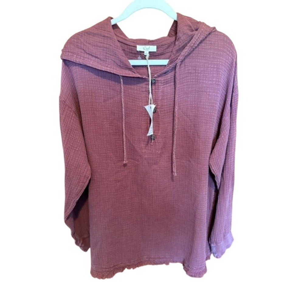 Easel Womens Mauve Cotton Gauze Henley Hoodie Frayed Hem Boho Pullover‎  L